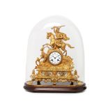 Reloj de sobremesa francés en calamina dorada y alabastro, fles. del s.XIX. Caja coronada por