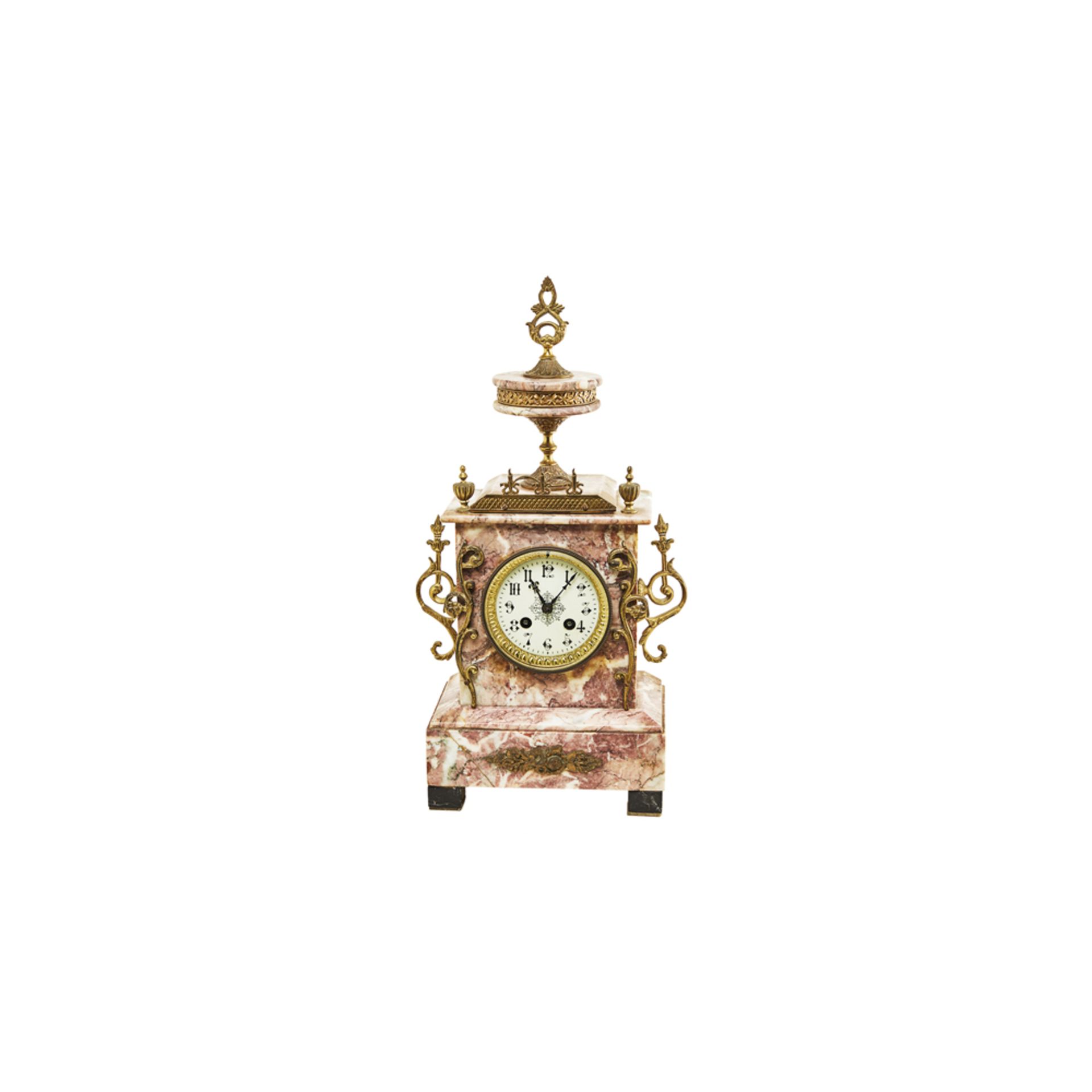 Reloj de sobremesa francés estilo Luis XVI en mármol y bronce, fles. del s.XIX.