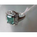 18ct White gold emerald brilliant cut and baguette cut diamond cluster ring