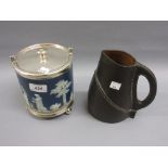 Wedgwood blue Jasperware biscuit barrel with plated mounts,
