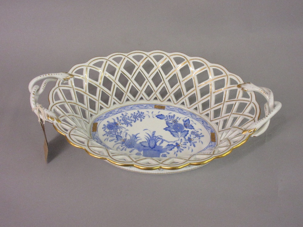 20th Century Herend oval porcelain two handled basket with blue floral decoration