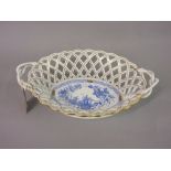 20th Century Herend oval porcelain two handled basket with blue floral decoration