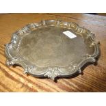 Birmingham silver salver with C-scroll rim on low supports, engraved Wiltshire Golf Club,