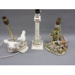 Capo di Monte porcelain table lamp in the form of two figures beside a tree together with two white