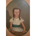 Oil on board, portrait of a girl wearing a white dress and blue sash, painted in oval,
