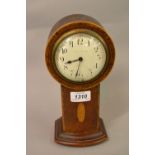 Small Edwardian mahogany crossbanded and inlaid drum form pedestal mantel clock (at fault) together