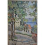 Mid 20th Century Belgian school, mixed media on board, view of a house and lake through trees,