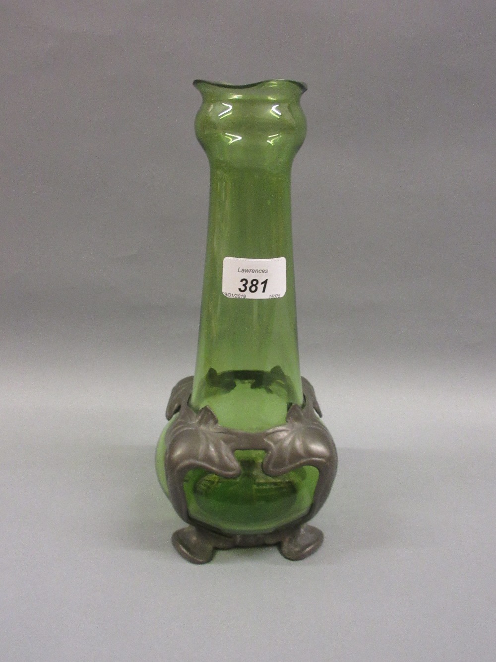 Loetz Art Nouveau green glass vase with pewter mounts (with chips to rim) CONDITION