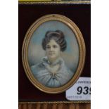 Late 19th or early 20th Century watercolour portrait miniature on ivory of a lady wearing a lace
