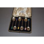 Cased set of six Art Deco silver and coloured enamel decorated coffee spoons, maker L. Ltd.