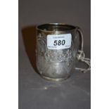 Small Victorian silver Christening mug with embossed decoration engraved with initials, Sheffield,