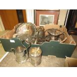 Box of miscellaneous silver plate including sugar and creamer in the form of a barrel on a stand