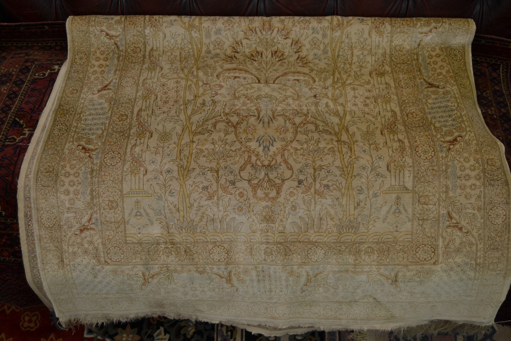 Small modern Turkish silk vase rug woven in pale shades (slight wear) CONDITION REPORT