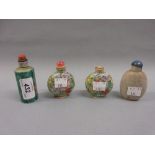 Three Chinese porcelain snuff bottles together with an agate snuff bottle CONDITION