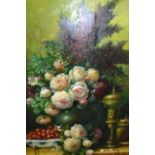 Large gilt framed oil on board, still life of roses, brass ware and a bowl of fruit on a ledge,