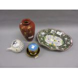 Persian enamel decorated dish, small Japanese blue and white sake pot,