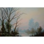Leslie Cole, oil on canvas, wooded lake scene, 24ins x 30ins,
