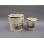Large early 19th Century English porcelain mug painted with a monochrome landscape together with a