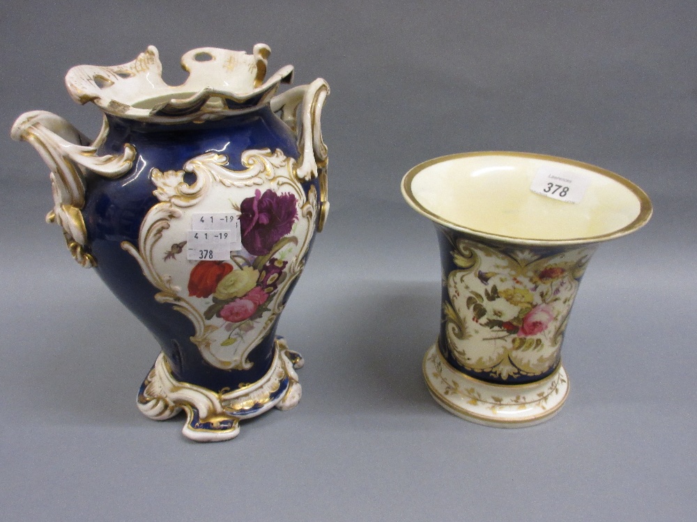 Rockingham trumpet shaped vase painted with a floral bouquet on a blue and gilt ground (extensive