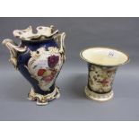Rockingham trumpet shaped vase painted with a floral bouquet on a blue and gilt ground (extensive
