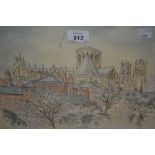Harry Fletcher, pencil and watercolour, study of York Minster from the city wall, signed, 9ins x 12.