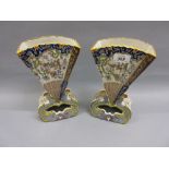 Pair of French Rouen pottery fan shaped vases on fish supports