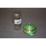 Continental 925 silver and green translucent enamel small covered pot,