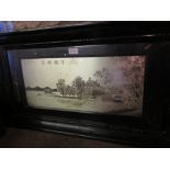 Chinese silver plated picture in ebonised frame with character marks to the picture and the frame