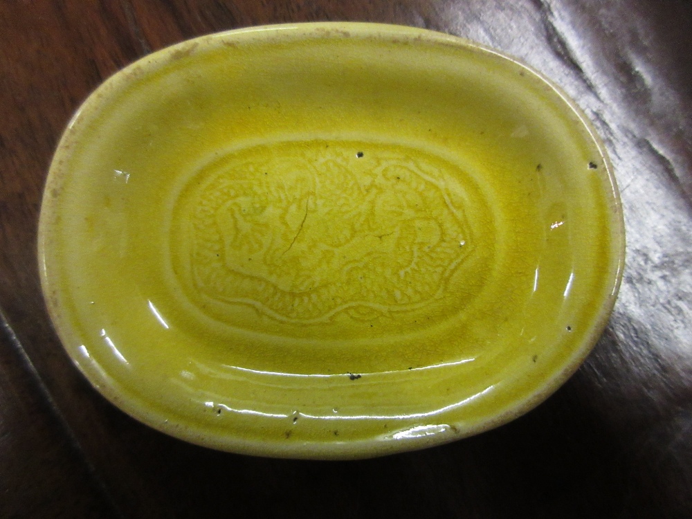 Group of three miniature Chinese yellow glazed dishes with incised decoration, 2. - Image 6 of 7