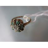 9ct Yellow gold emerald and diamond set flowerhead ring