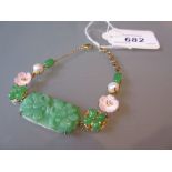 Modern silver gilt jade and cultured pearl bracelet