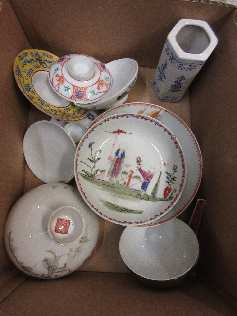 Box containing a quantity of Chinese bowls and dishes