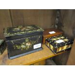 19th Century black lacquered papier mache two division tea caddy,