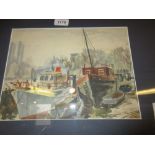 John Lindfield, watercolour, two boats and power stations, Chelsea, signed and dated 1945,