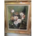 Ivor Englefield, oil on canvas, heavily applied study of roses in a vase, signed, gilt framed,