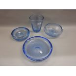 Quantity of mid 20th Century pale blue bubble glass ware including: fruit bowls, vases,