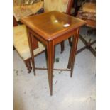 Edwardian mahogany boxwood line inlaid lamp / occasional table with square top and square tapering