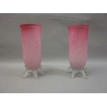 Pair of Victorian pink frosted glass cylindrical vases