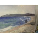 Margaret Harmsworth, oil on canvas, beach scene with figures, signed, unframed,