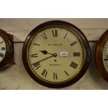 19th Century mahogany circular dial clock, the 12in painted dial with Roman numerals,