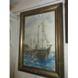 Gerald Moira, signed watercolour and pencil, tall ship moored by a jetty, signed Moira,