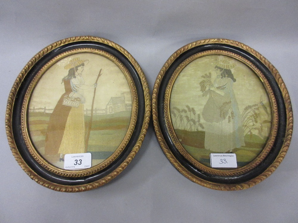 Pair of 19th Century oval ebonised and gilt framed Berlin silk pictures,