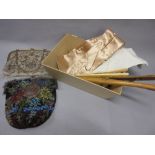 Small box containing two bead work purses, a pair of kid leather gloves,