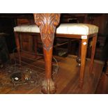 Edwardian mahogany line inlaid long stool on square tapering and spade supports