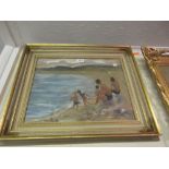 Modern British school, mixed media, beach scene with a family of bathers to the foreground,