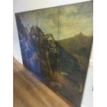 Victorian four panel room divider screen applied with a 19th Century oil on canvas,