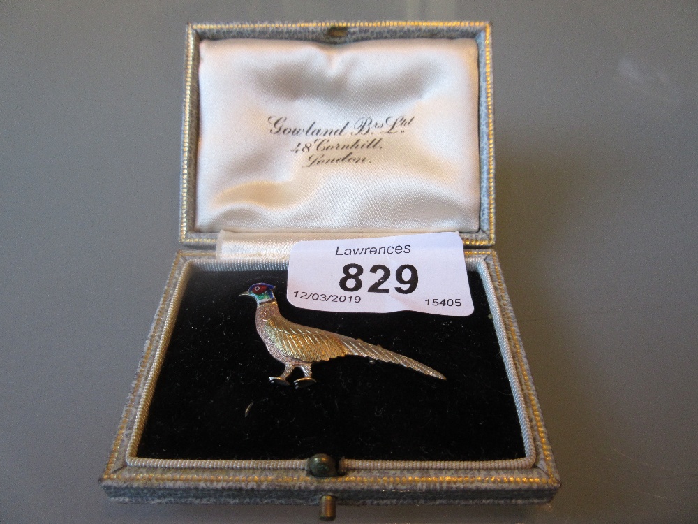 Two colour 9ct gold and enamel brooch in the form of a pheasant in original fitted box,