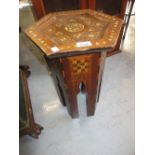 Small North African hardwood mother of pearl and marquetry inlaid hexagonal occasional table
