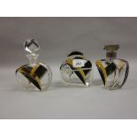 1920's Art Deco black amber and clear cut glass dressing table set including perfume bottle,