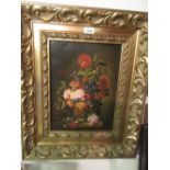 Modern oil on panel in antique style, still life summer flowers in a vase on a stone ledge,